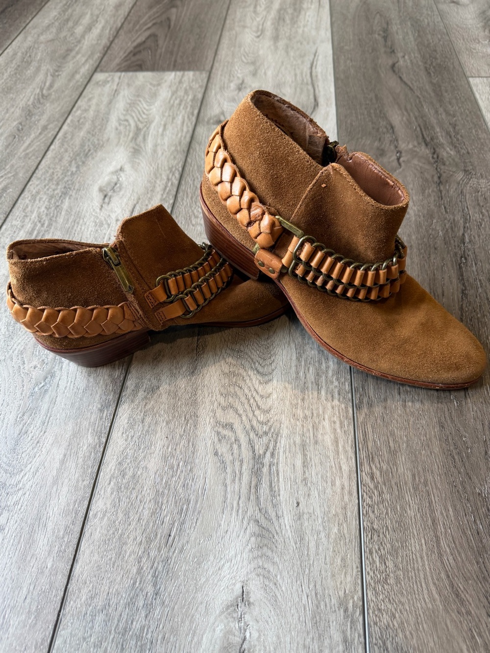 Sam Edelman- Posey Brown Suede Ankle Boots with Braided Trim- Concert Ready!